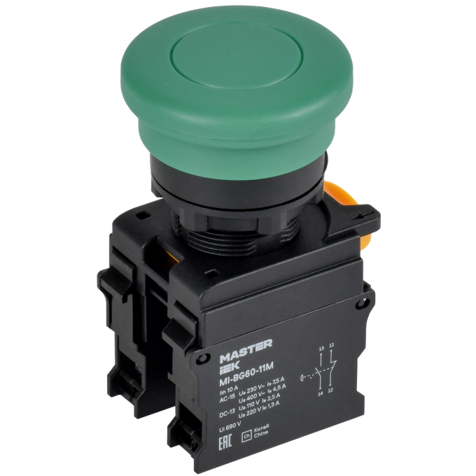 Кнопка IEK MASTER MI-BG60-11M-3-21-K06 "Грибок" без фиксации d=22мм 1NO+1NC зелёная MI-BG60-11M-3-21-K6