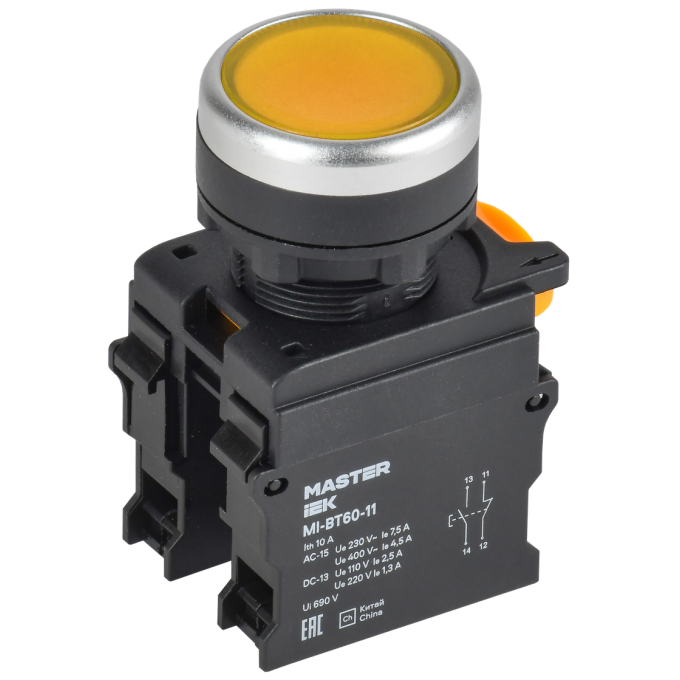 Кнопка IEK MASTER MI-BT60-11-3-22-K05 d=22мм 1NO+1NC жёлтая MI-BT60-111-3-22-K05