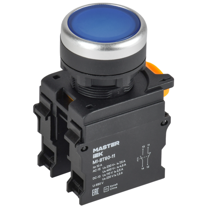 Кнопка IEK MASTER MI-BT60-11-3-22-K07 d=22мм 1NO+1NC синяя MI-BT60-11-3-22-K007