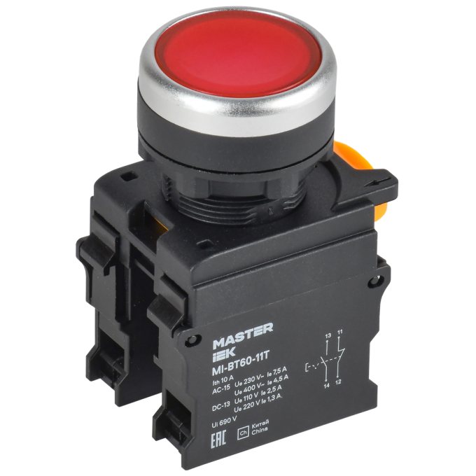 Кнопка с фиксацией IEK MASTER MI-BT60-11T-3-21-K04 d=22мм 1NO+1NC красная MI-BT60-11T-31-21-K04