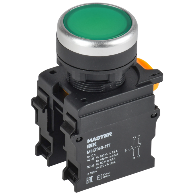 Кнопка с фиксацией IEK MASTER MI-BT60-11T-3-21-K06 d=22мм 1NO+1NC зелёная MI-BT60-11T-3-221-K06