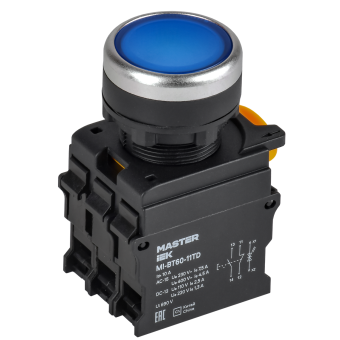 Кнопка с подсветкой и фиксацией IEK MASTER d=22мм 1NO+1NC синяя MI-BT60-11TD-3-11-K07