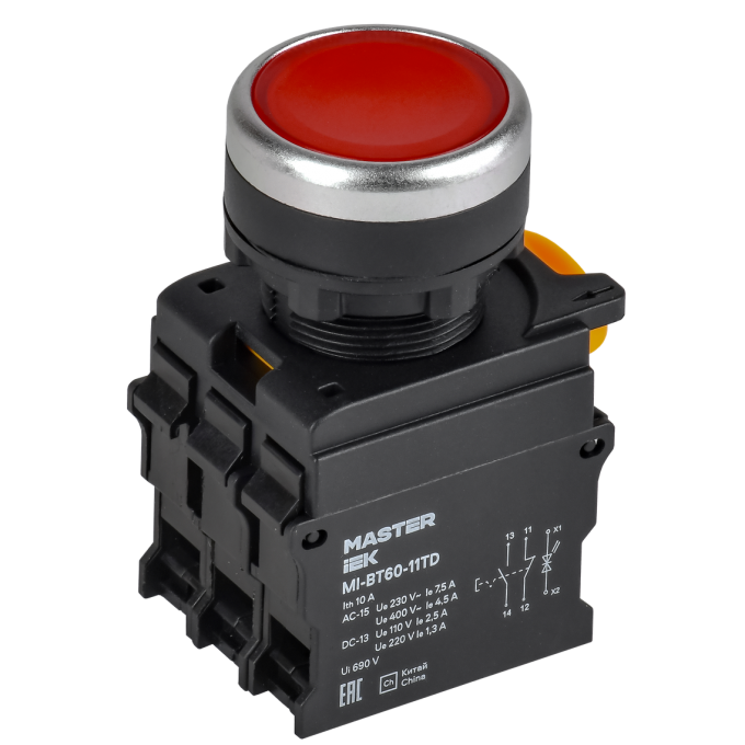Кнопка с подсветкой и фиксацией IEK MASTER MI-BT60-11TD-3-11-K04 d=22мм 1NO+1NC красная MI-BT60-11TD-3-111-K04