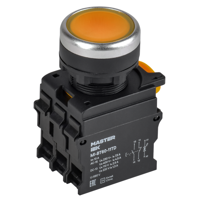 Кнопка с подсветкой и фиксацией IEK MASTER MI-BT60-11TD-3-11-K05 d=22мм 1NO+1NC жёлтая MI-BT60-11TD-3-11-K005