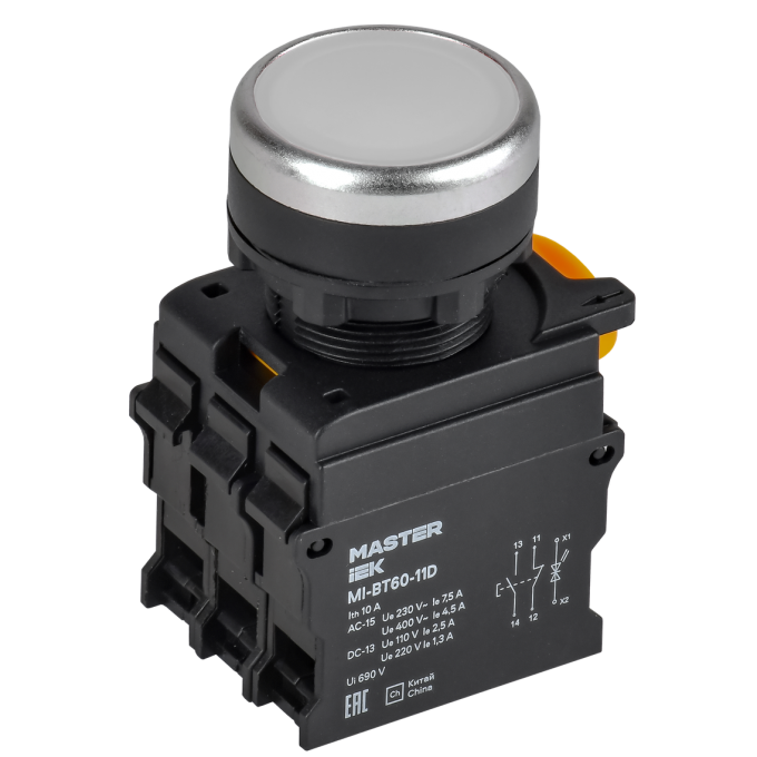 Кнопка с подсветкой IEK MASTER MI-BT60-11D-3-12-K01 d=22мм 1NO+1NC белая MI-BT60-11D-3-12-K001