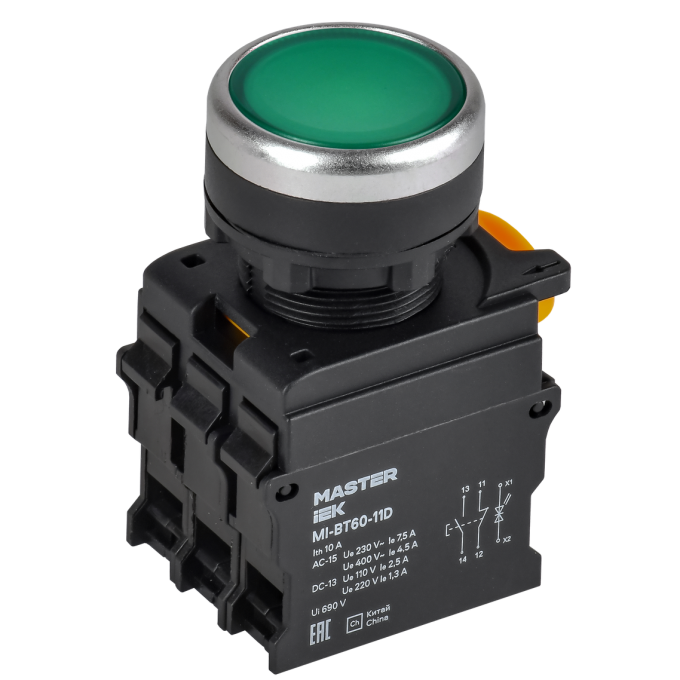 Кнопка с подсветкой IEK MASTER MI-BT60-11D-3-12-K06 d=22мм 1NO+1NC зелёная MI-BT60-11D-33-12-K06