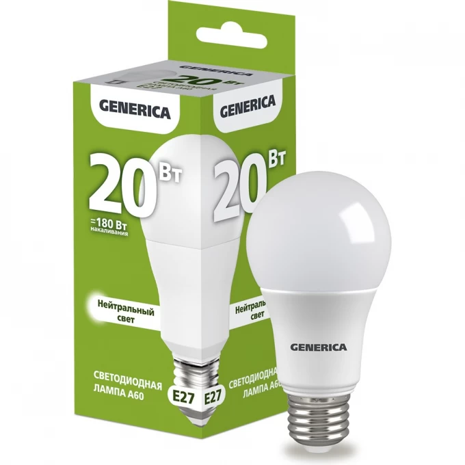 Лампа светодиодная A60 груша 20Вт 230В 4000К E27 GENERICA LL-A60-20-230-40-E27-G